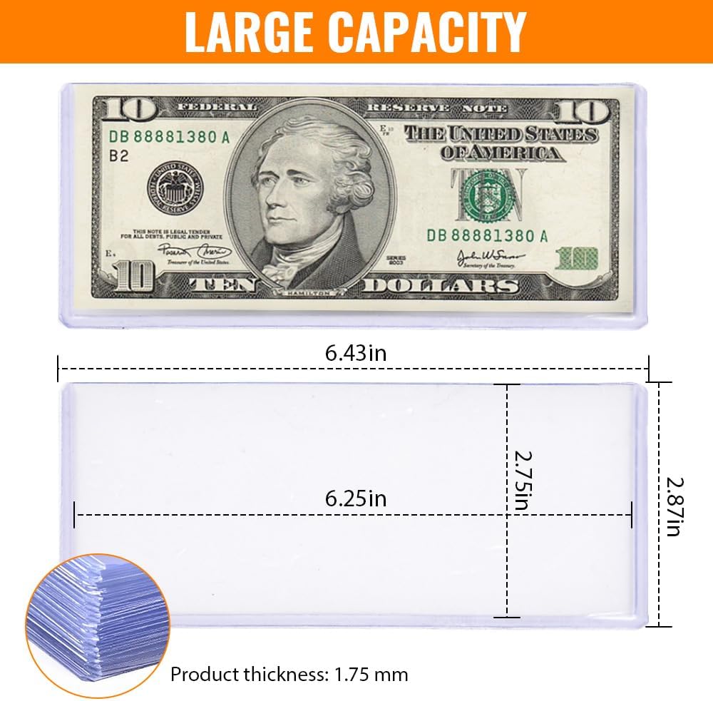 G-PLUS Clear Large Currency Topload Holders,25Pcs PVC Currency Bill Display Holder for Regular Bills Protector Case Supplies