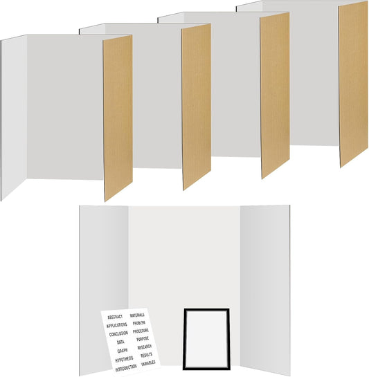 4 Pack 36"x48" Large Trifold Poster Display Board with Headers,White Foldable Presentation Paper Board with 4 Science Subtitles and 32 Self-Adhesive for School Science Business Project Display