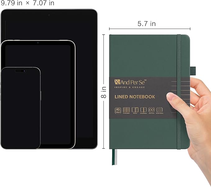 &And Per Se Lined Journal Notebook (5 Packs), 160 Pages, A5 5.7 x 8 inches College Ruled Thick Paper Notebook Journals for Writing, Hardcover Notebooks for Women Men Office School (Green)