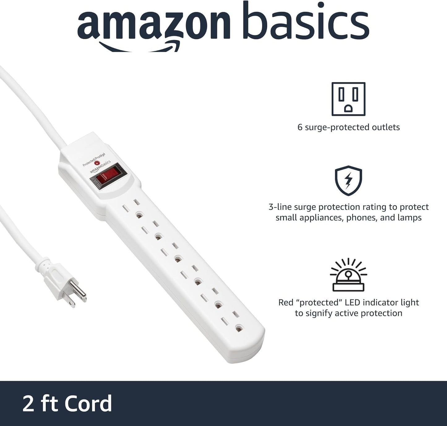 Amazon Basics Surge Protector Power Strip, 6-Outlet with 200J Protection, 2ft Extension Cord, Rectangle, White (20 Pack)