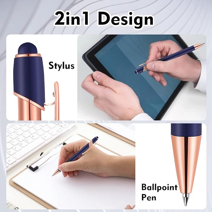 12 PCS 2 in 1 Stylus Ballpoint Pen with Stylus Tip, 1.0 mm Black Ink Metal Pen Stylus Pen for Touch Screens (Rose Gold & Purple)