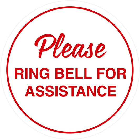 Signs ByLITA Circle Please Ring Bell For Assistance Wall or Door Sign | Easy Installation | Front Desk Reception Sign (White/Red) - X-large (5 Pack)
