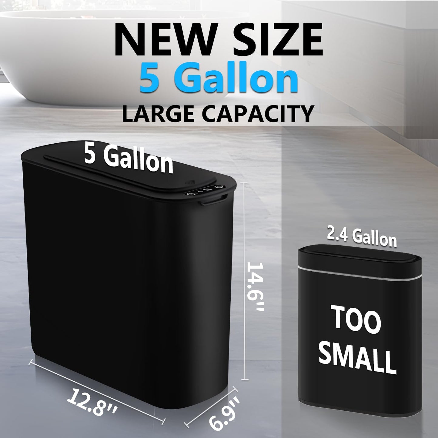 5 Gallon Motion Senor Bathroom Trash Can with Lid, Automatic Garbage Can Touchless, Smart Plastic Waste Basket for Narrow Spaces, Bathroom, Office, Bedroom, Living Room (Black)