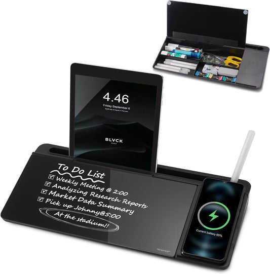 Small Glass Desktop Whiteboard Dry-Erase-Board - Computer Keyboard Stand with Wireless Charger White Board Surface Pad with Drawer, Desk Organizers with Accessories for Office, Home, School Supplies