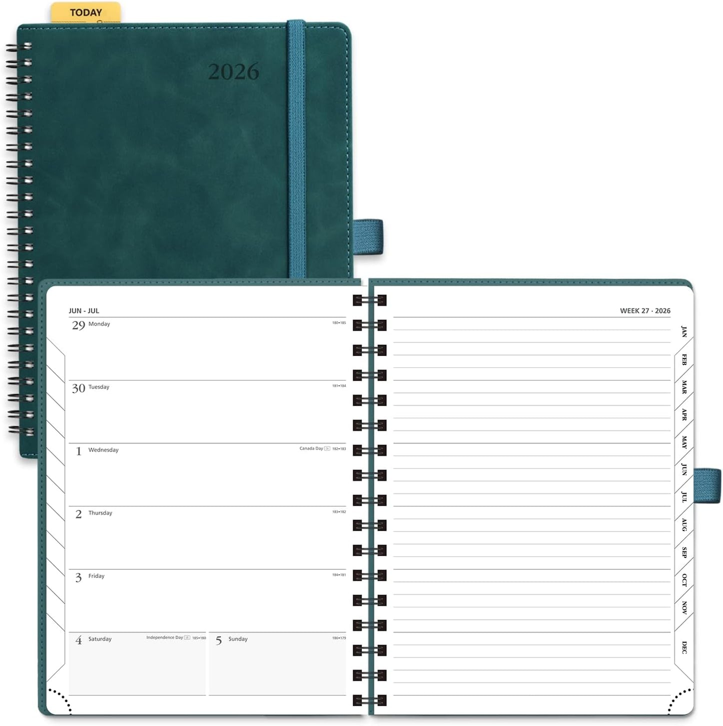 POPRUN 2026 Planner Weekly Notebook (Jan-Dec), Medium 8.5''x 6.5'' - Agenda 2026 Calendar Book with Monthly Tabs, Inner Pocket, Spiral Soft Cover, 100 GSM - Petrol