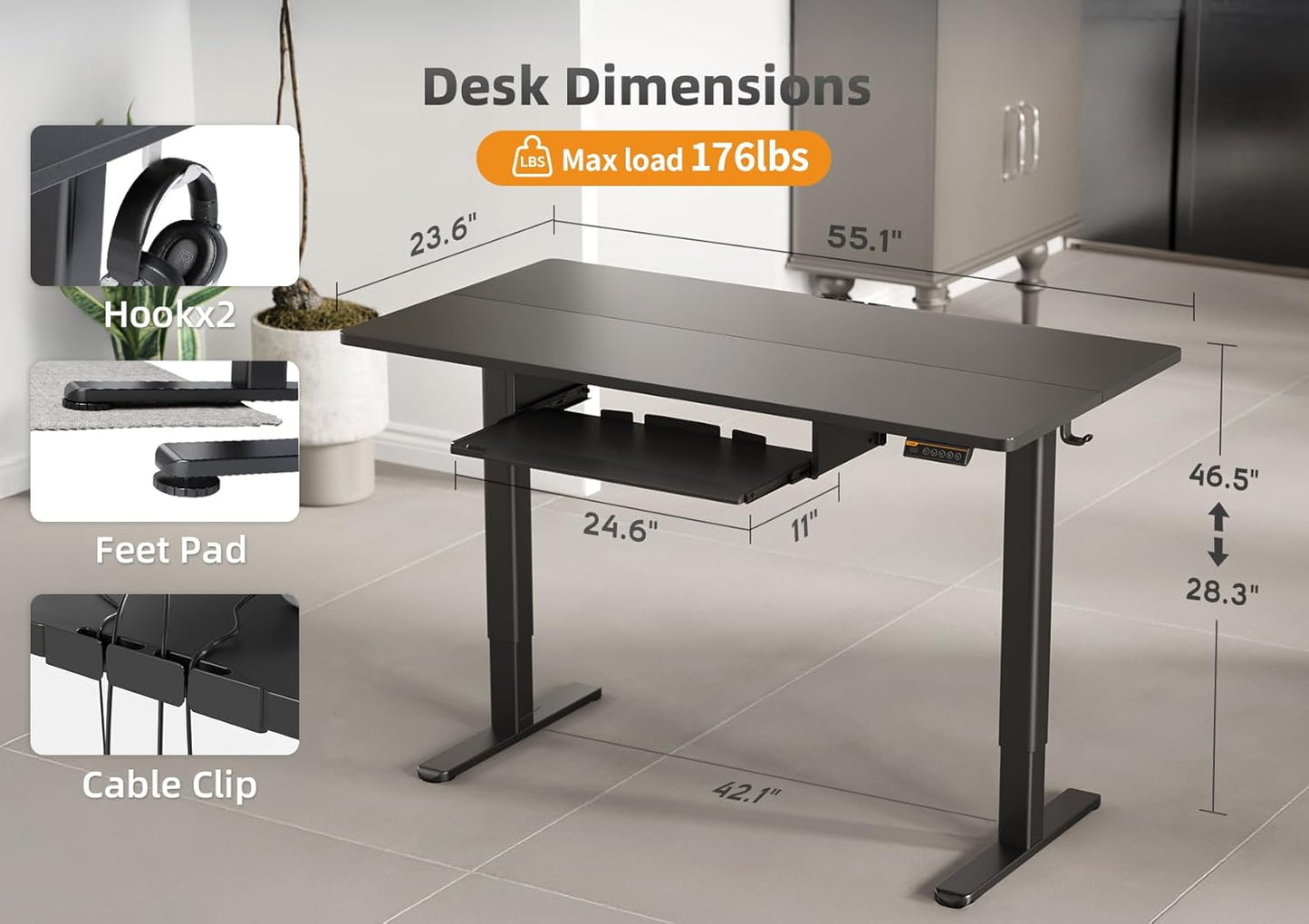 Claiks Standing Desk with Keyboard Tray, Standing Desk Adjustable Height, Raising Desks for Home Office and Computer Workstation, 55 Inches, Black