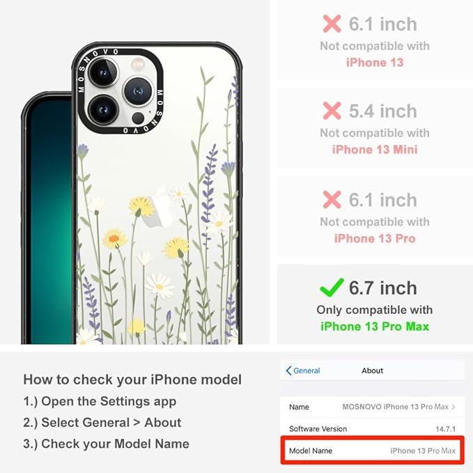 MOSNOVO Case for iPhone 13 Pro Max, [10ft 4X Military-Grade Drop Protection] Durable & Shockproof Phone Case Cover Design for iPhone 13 Pro Max - Wild Meadow - Clear Black