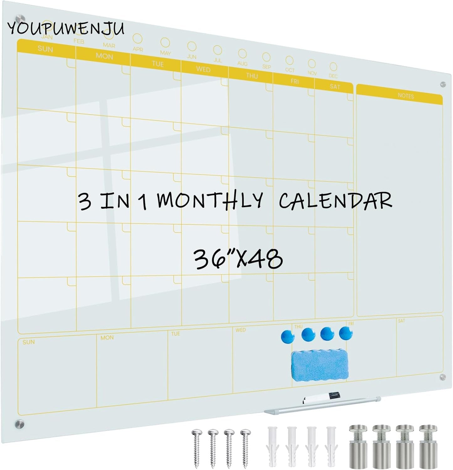 Magnetic Glass Planner Writeboard 36"X48" Monthly/Weekly 3 in 1 Calendar Premium Tempered Glass Dry Erase Boards Frameless Wall Mounted (White)