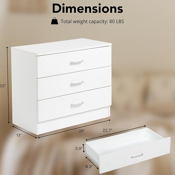 Karl home White 3 Drawer Dresser for Bedroom, Small Nightstand Modern Storage Chest of Drawer Wooden Side Table End Table for Bedroom, Living Room, Reception Room