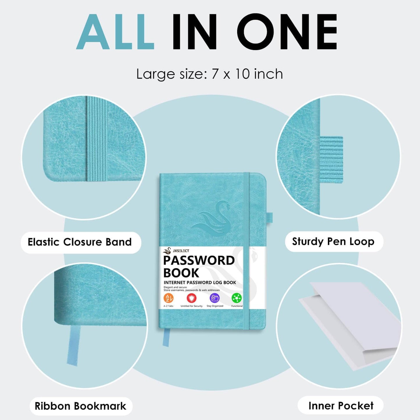 Elegant Password Book with Alphabetical Tabs - Hardcover Password Book for Internet Website Address Login - 7" x 10" Password Keeper and Organizer w/Notes Section & Back Pocket (Turquoise)