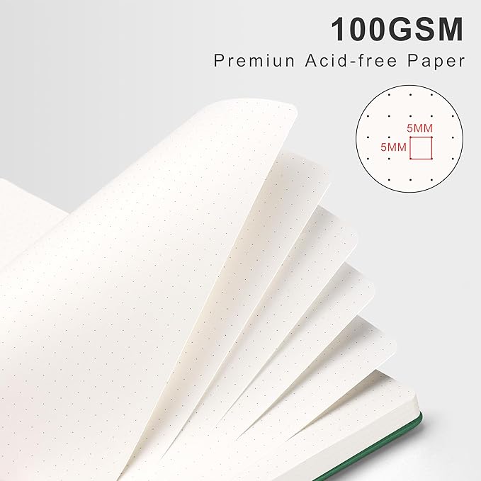 RETTACY Bullet Dotted Journal Notebook, 110 Pages, A4 Large Size (8.5" × 11"), Leather Hardcover, 100 GSM Thick Paper, Spiral-bound, for Bullet Journaling, Planning, Tracking (Dark Green)