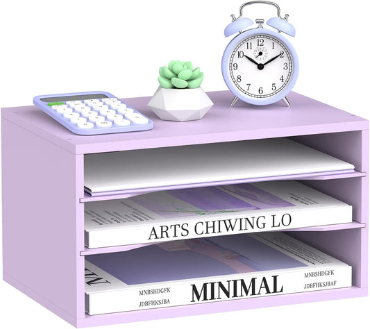 SUPEASY Wood Desk Organizer, 3 Tier Paper File Organizer for Desk, Wooden Desktop Organizer, Paper Letter Literature Mail Sorter, for Office School & Home Organization, Purple