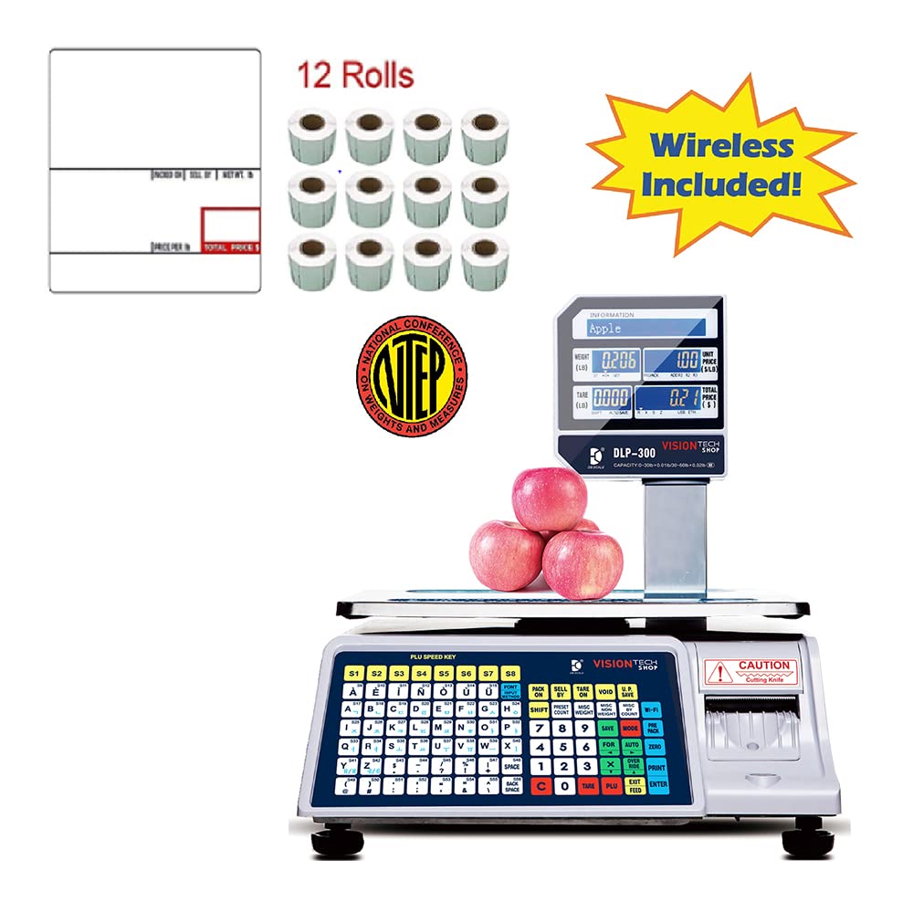 VisionTechShop DLP-300 Label Printing Scale Pole Display, 30/60lbs Capacity, 0.01/0.02lbs, NTEP Legal for Trade with a Free 1 case CAS LST-8020 UPC w/Ingredients Label, 58 x 60 mm