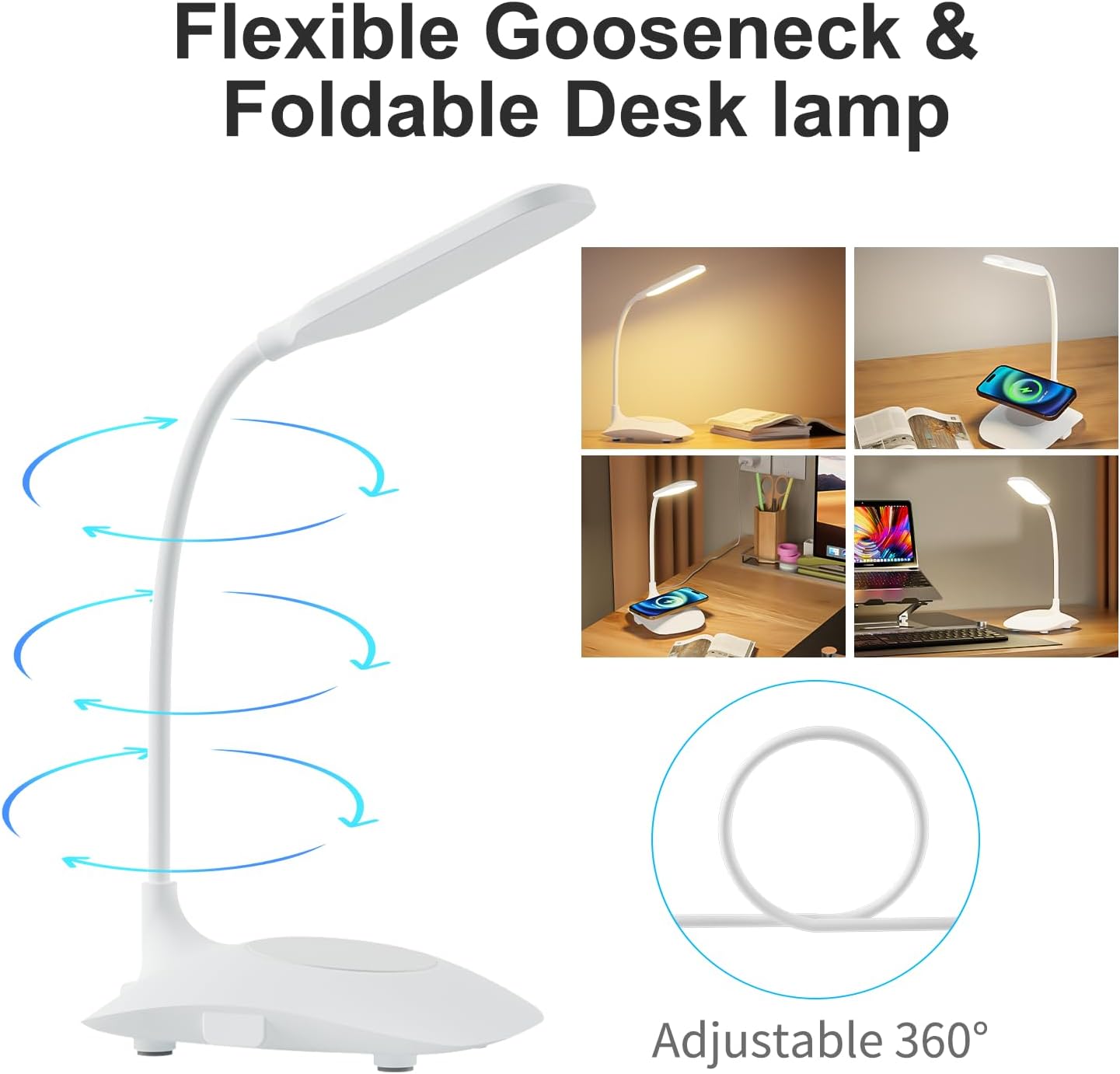 LED Desk Lamp Wireless Charging Desk Lamp with Touch Control Dimmable Office Desk Light Eye-Caring Office Lamp with Adjustable Gooseneck Table Lamp, Reading Lamp Table Lamp for Bedroom Bedside Study