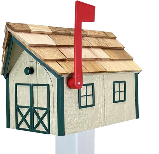 Peaceful Classics Amish Cedar Roof Wooden Mailbox with Window & Door Trim, Handcrafted Mailboxes for Outside, Post Mount Residential Mailboxes - (Beige & Green, Wood)