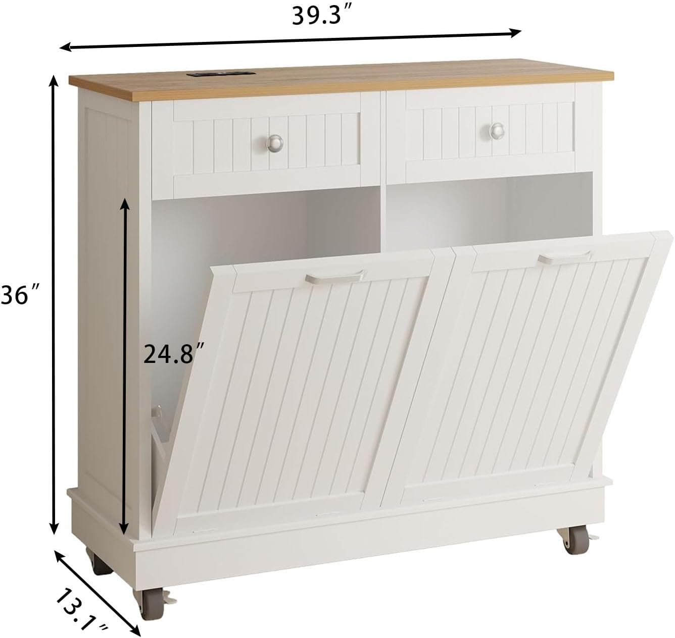 20 Gallon Tilt Out Trash Cabinet, Wooden Kitchen Trash Can Cabinet with Hideaway Drawer, Freestanding Laundry Hamper Garbage Recycling Cabinet on Wheels, Pet Proof, Double, White