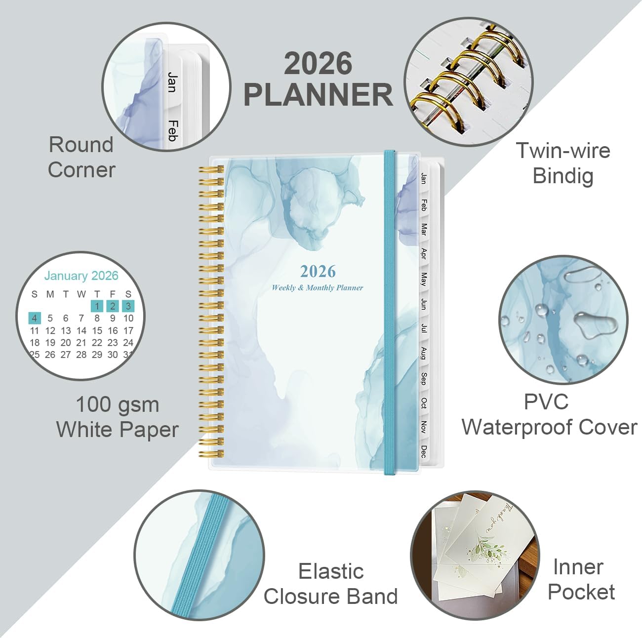 2026 Planner - Planner 2026 from January 2026 - December 2026, Weekly & Monthly Planner Spiral Bound with 12 Monthly Tabs, Inner Pocket, 6.4" x 8.5", Blue Watercolor
