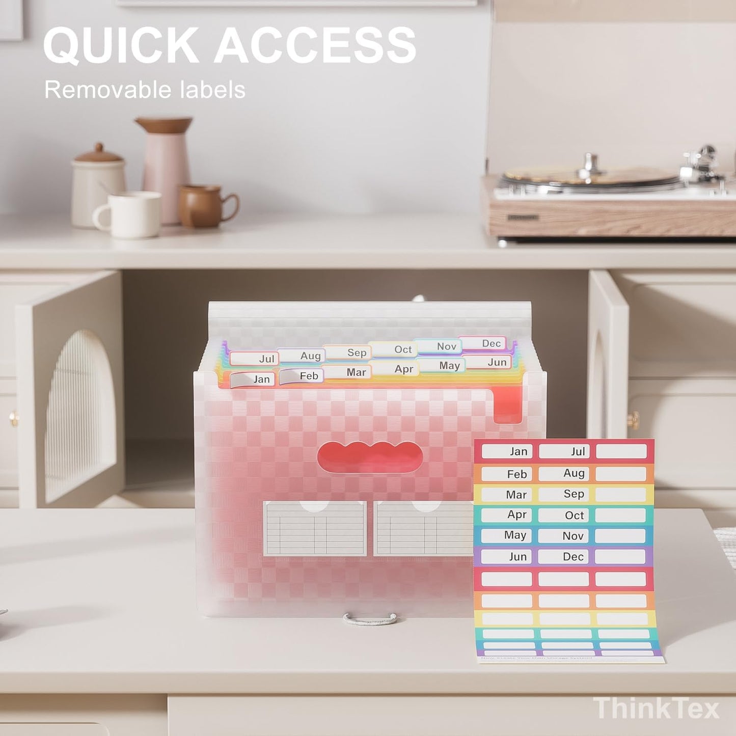 ThinkTex Accordion File Organizer, 12 - Pocket Expanding File Folders for Paper Receipts, Bills&Taxes Organizer, Letter/A4 Size Document Holder for School, Office, Home with Colorful tabs- Pink