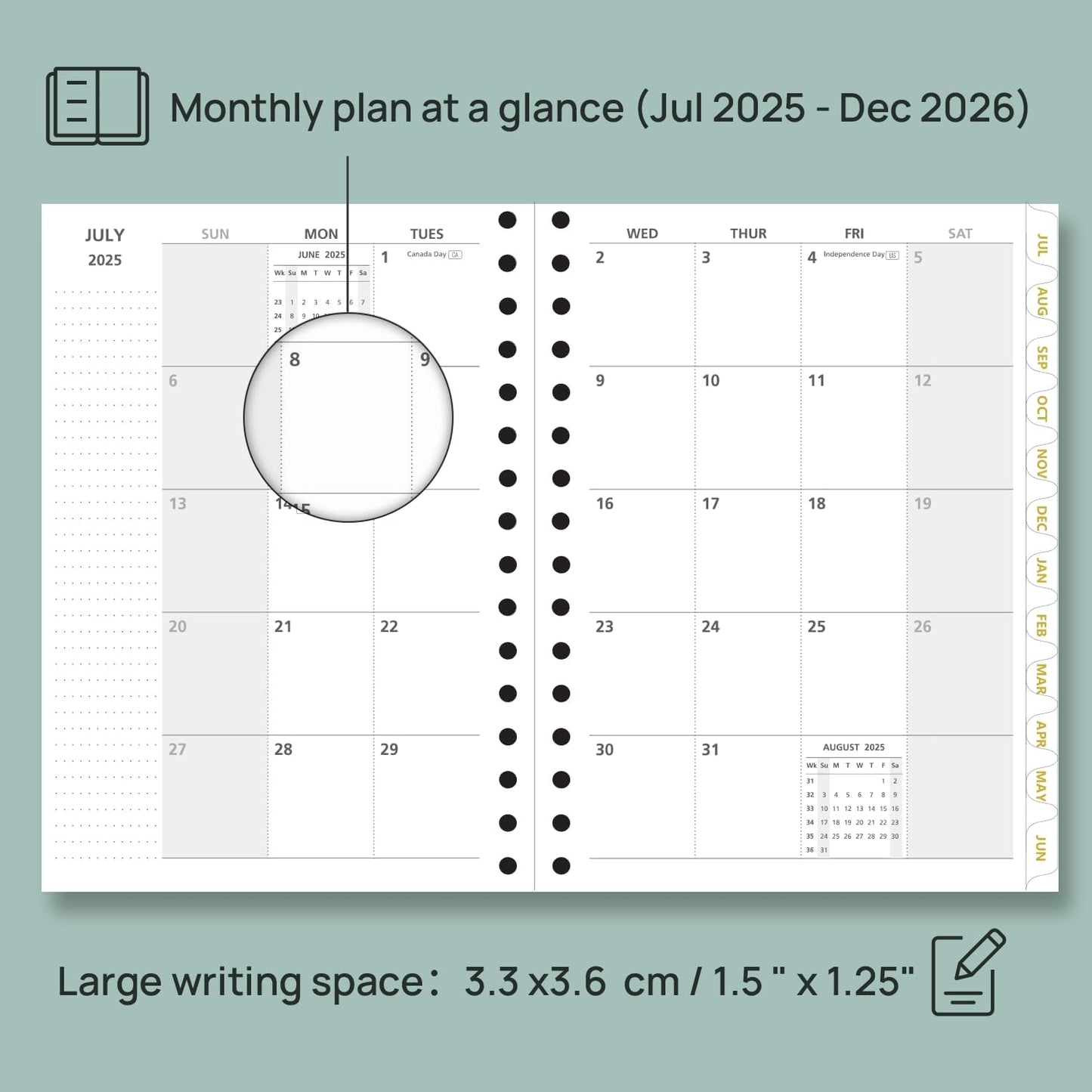 POPRUN Monthly Planner 2025-2026 Spiral Hardcover (6.25'' x 8.5''), 18 Months Calendar (Jul.2025 - Dec.2026)- 2 Pages per Month with Dotted Note Pages, Sunday Start, Laminated Tab - Light Pink