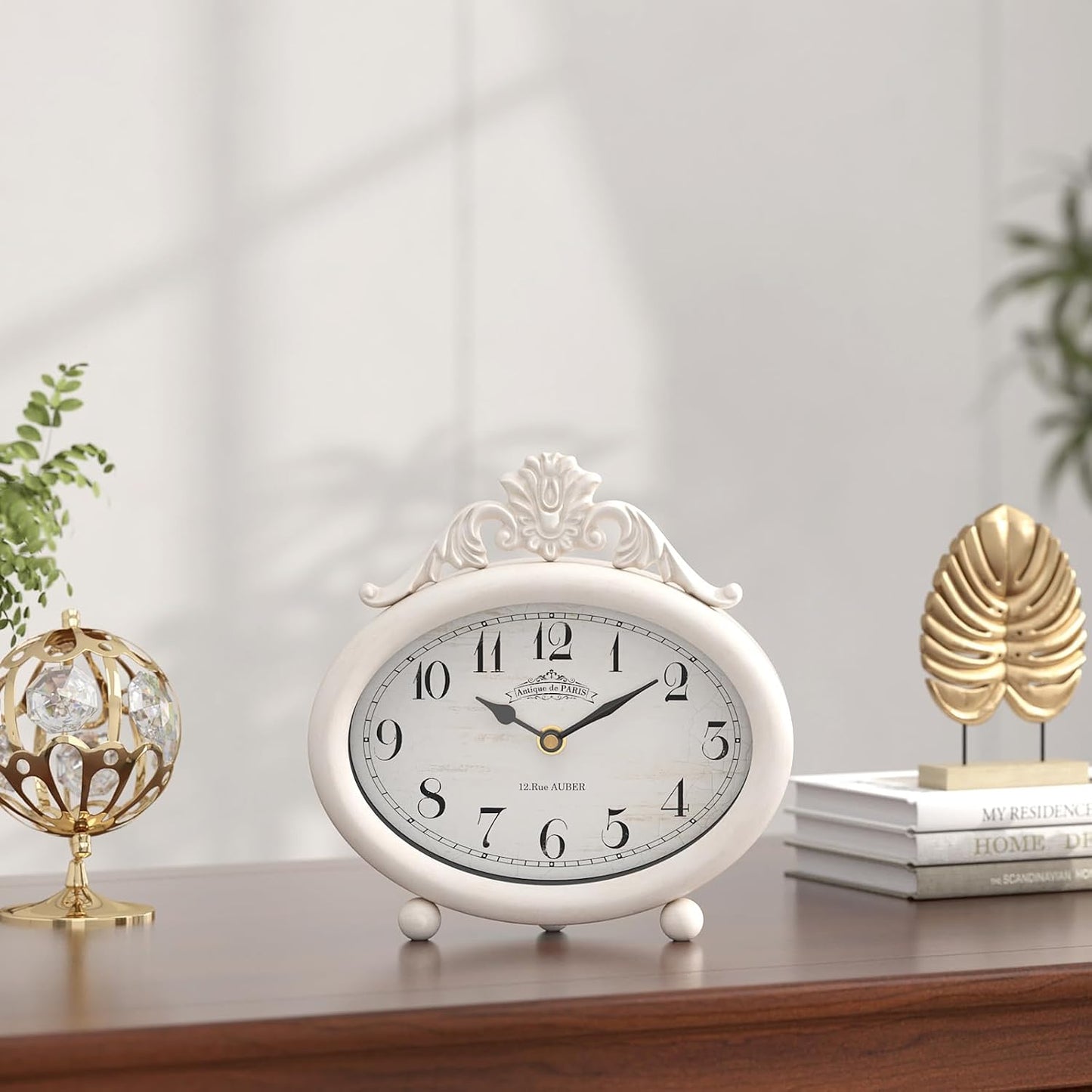 Vintage Table Clock, Desk and Shelf Decor Clock, French Rustic Antique Style White Mantel Clocks, for Farmhouse, Living Room, Bedroom, Bedside, Gift (7.87" H x 7.87" W)