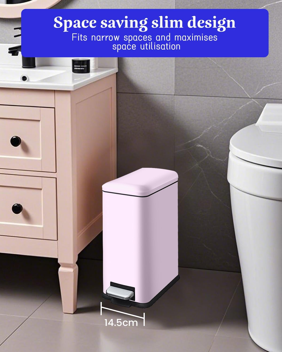JM.YIPENG Bathroom Rubbish Bin, 5 Litre Cosmetic Bin, Small Waste Bin with Soft Close Lid, Bathroom Bin for Toilet, Bathroom, Bedroom, Living Room, Pink