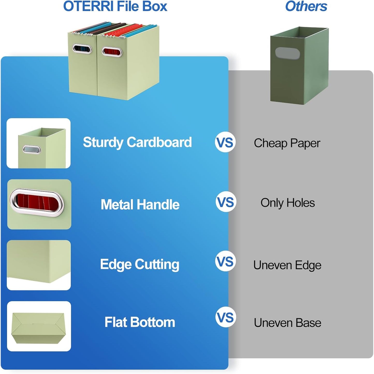 Oterri File Organizer, 6 Packs Small Storage Box, Cardboard File Folder Organizer, Collapsible File Box for Hanging File Folders Letter Size, Portable Filing Organizer with Handle（Green）