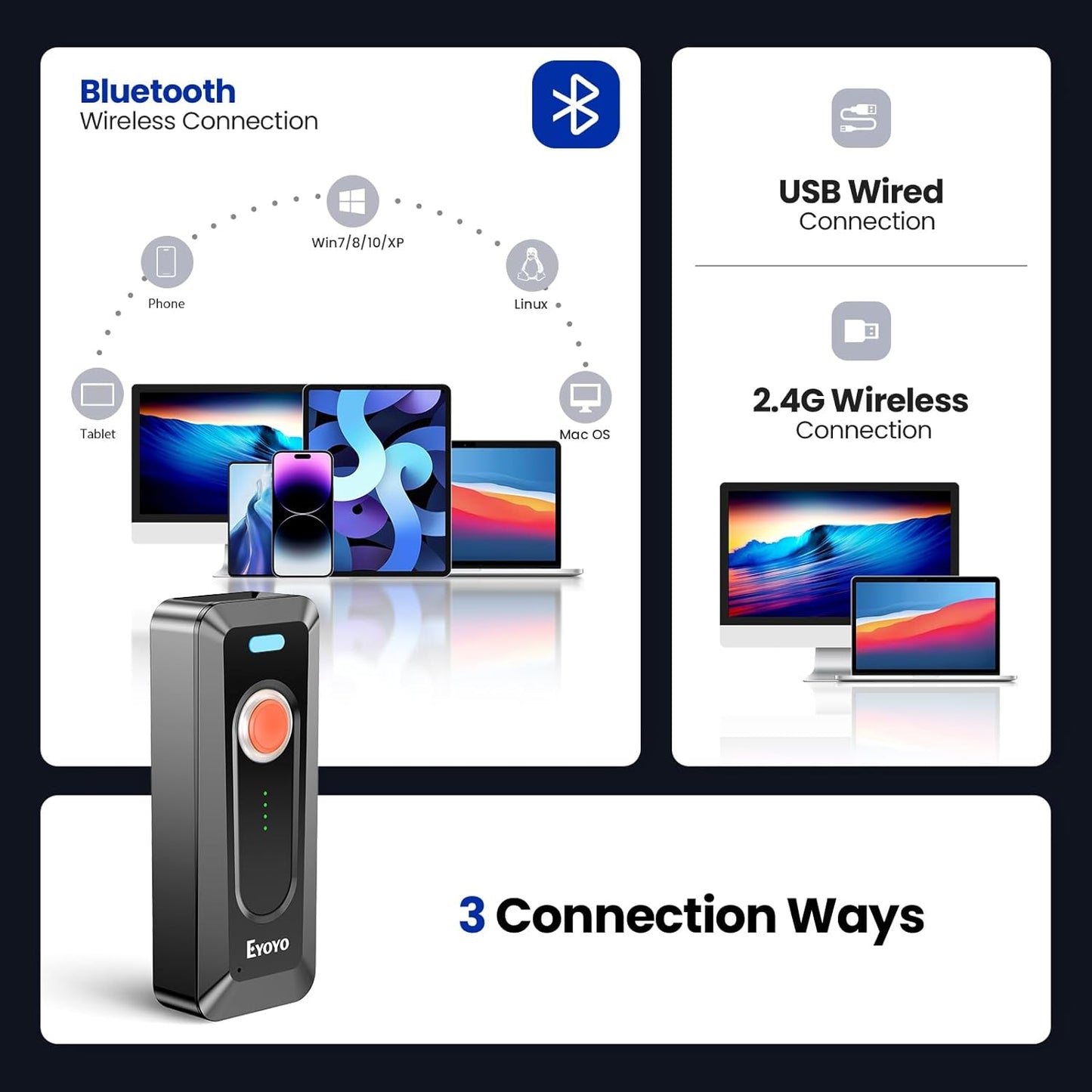 Eyoyo Portable 2D Bluetooth Barcode Scanner with Clip, 2000mAh Battery with Level Indicator, Wireless Mini 1D QR Bar Code Reader Compatible with Android, iPad, iPhone for Warehouse Inventory