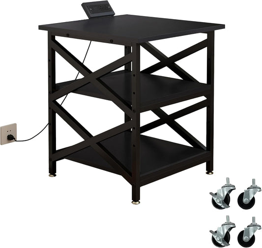 Large Printer Stand with Power Outlet, with Height Adjustable Storage Shelf, 3 Tier Rolling Printer Cart with Industrial Wheels, 23.6 x 23.6 Inches Printer Table for Home Office,Black