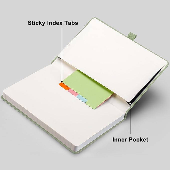 RETTACY Lined Journal Notebook, 192 Numbered Pages, A5 Medium Size (5.7'' x 8.3''), for Men & Women, Journaling, Writing, Work & Office, Leather Hardcover, 100 GSM Thick Paper (Light Green)