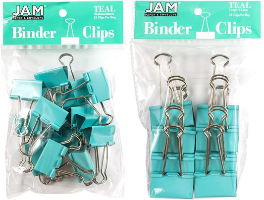 JAM PAPER Colorful Binder Clips Assortment - Medium & Large Size - Teal Binderclips - 27 Clips/Pack