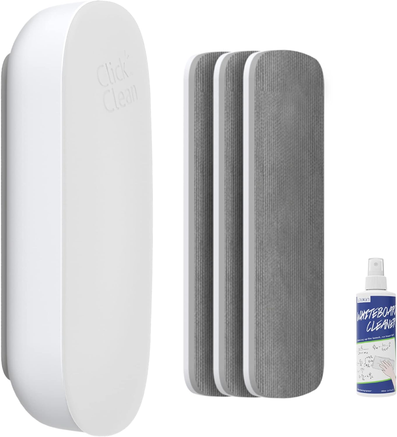 CLICK CLEAN Replaceable Dry Erase Board Eraser, 4-in-1 Magnetic Whiteboard Eraser with 3 Replaceable Felt Pads, Free 3.4oz Whiteboard Cleaner Included, Intended for Classroom, Home and Office