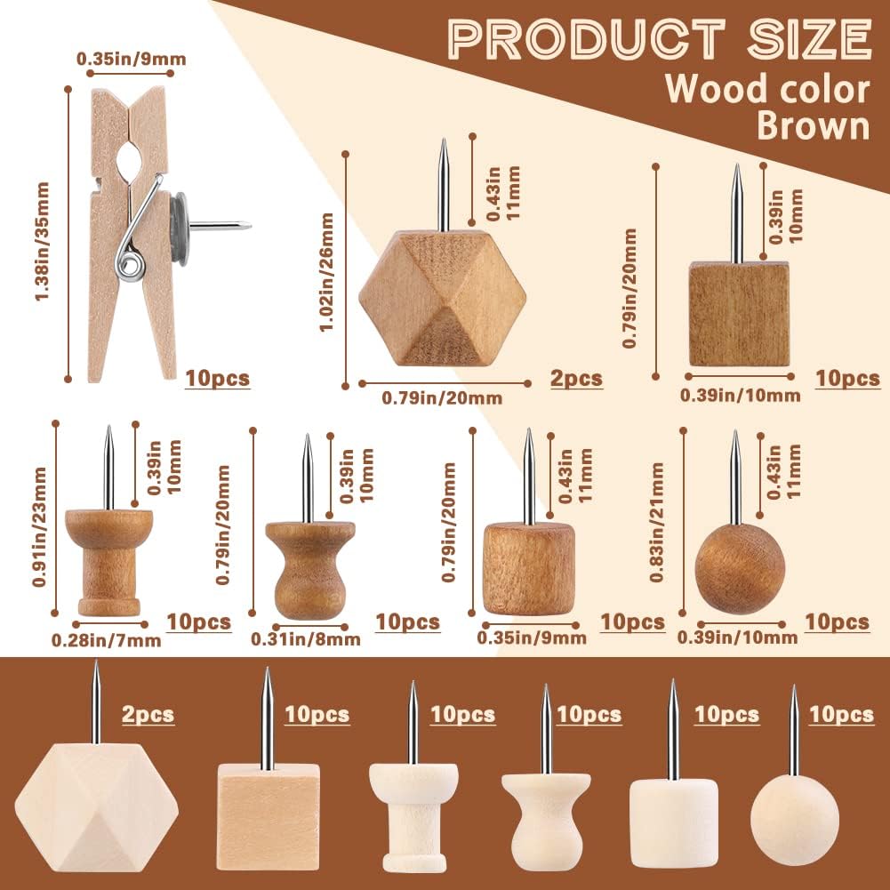 114 Pcs Wood Push Pins, 2 Colors and 7 Types Decorative Thumb Tacks Wooden Head Pin Map Tacks Marking Pin, Wood Thumb Tacks Decorative for Bulletin Boards Craft Projects with Storage Box