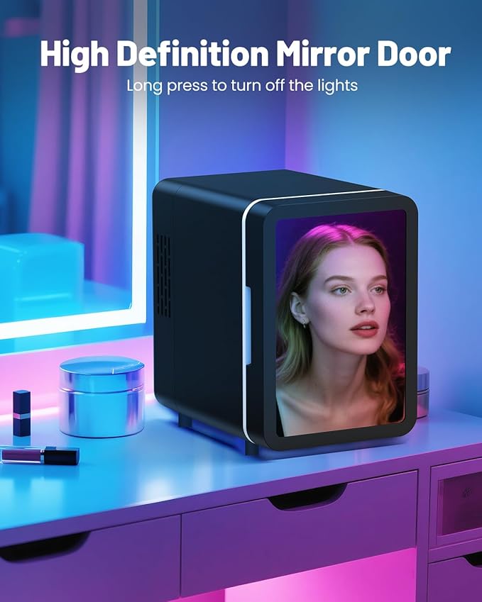 Skincare Fridge - 4L Mini Fridge with Thousand-layer Mirror of 12 Color Adjustable LED Lights, Cooler and Warmer, Beverage Cooler for Bedroom, Gaming Room, Office and Car, Black