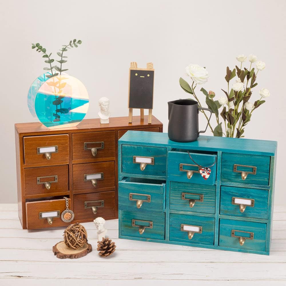 9 Drawers Library Card Catalog Cabinet with Labels Apothecary Cabinet Tabletop Apothecary Chests and Cabinets Herb Storage Box Wooden Desk Drawer Organizer Medicine Vintage Furniture(Brown)