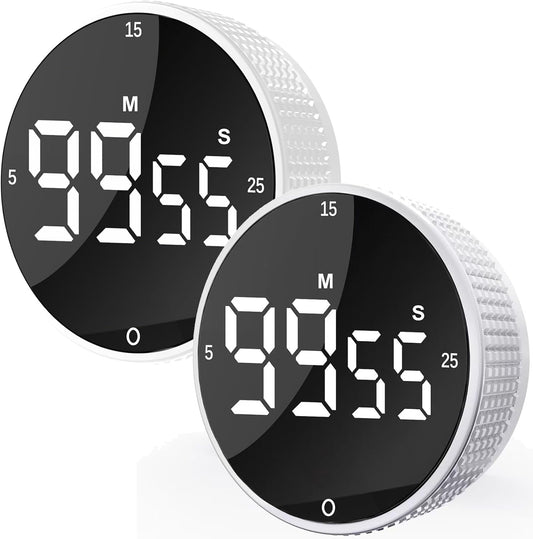 Upgrade Digital Kitchen Timer - 2 Pack Magnetic Countdown Countup Visual Pomodoro Timer with Large LED Display, 3-Preset Times, 3 Volume Levels, Ideal for Cooking, Baking and Fitness (2, White)