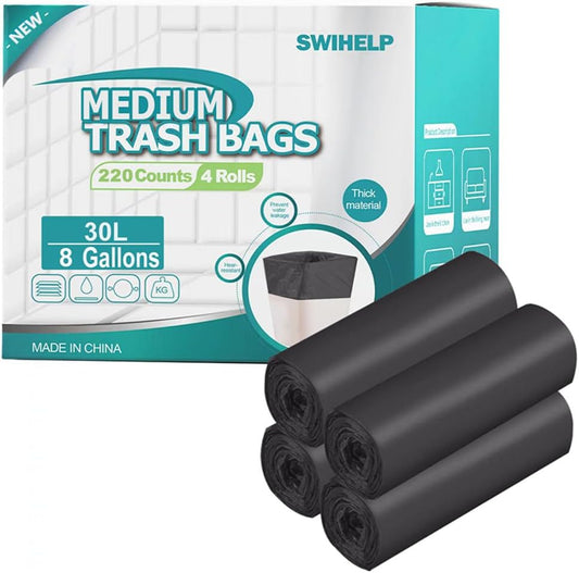 SWIHELP Medium Garbage Bags 8 Gallon /30 Liter Trash Bags Wastebasket Bin Liners Plastic Trash Bags for Bathroom Bedroom Office Trash Can 220 Count
