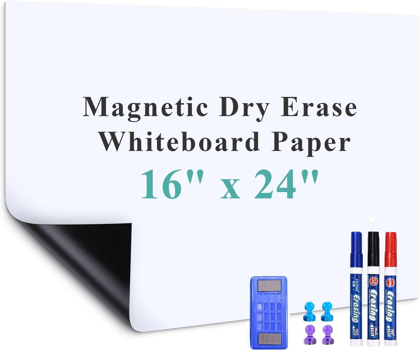 Magnetic Dry Erase Whiteboard Paper, 16" x 24" Self Adhesive Whiteboard for Wall, Easy to Write and Clean Dry Erase Board for Kids, Office, Home, with Marker, Magnetic Eraser and Magnets