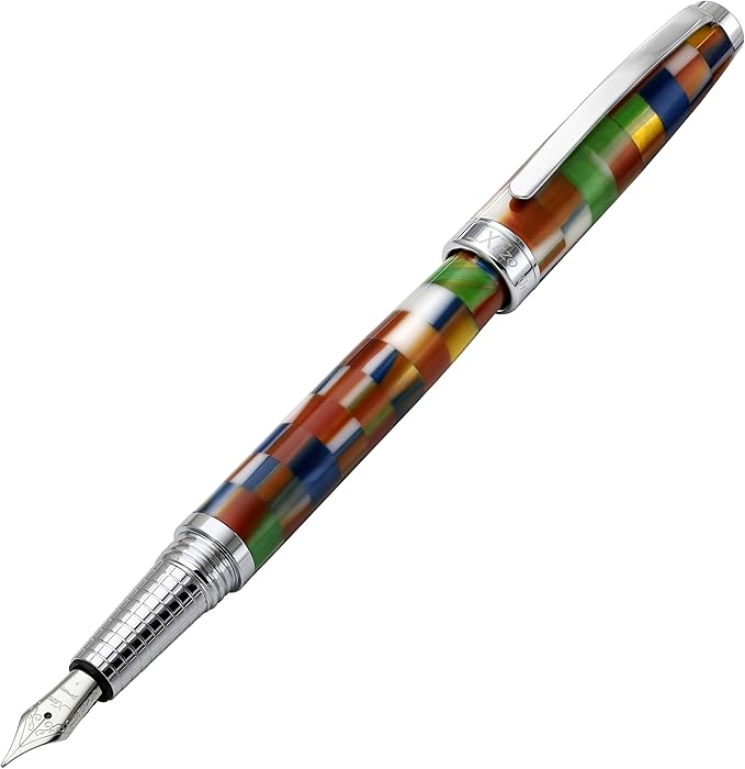 Xezo Urbanite II Fountain Pen, Fine Nib. Jazzy Multicolor Checkered Acrylic on Brass. Chrome Plated. Handcrafted, Limited Edition, Serialized