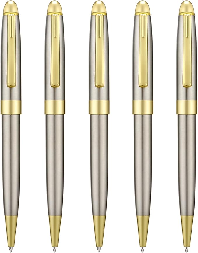5 PCS Silver Ballpoint Pens with Extra Refills Set, 1mm Medium Point Black Ink, Great Smooth Writing Metal Pen for Business Office Teacher Student Wedding Guest Gift (Gold Trim)