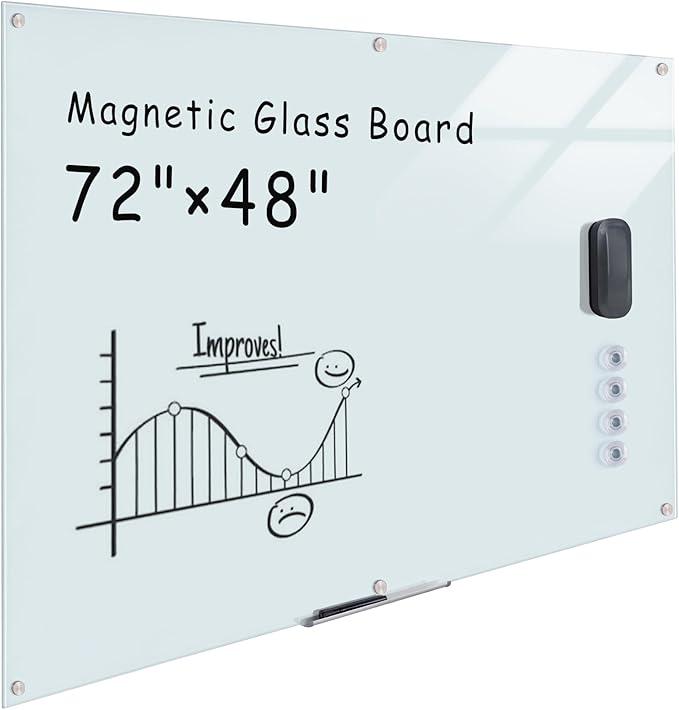Magnetic Glass Whiteboard，72"x48" Wall Mounted Frameless Dry Erase Board for Office, Home & School White