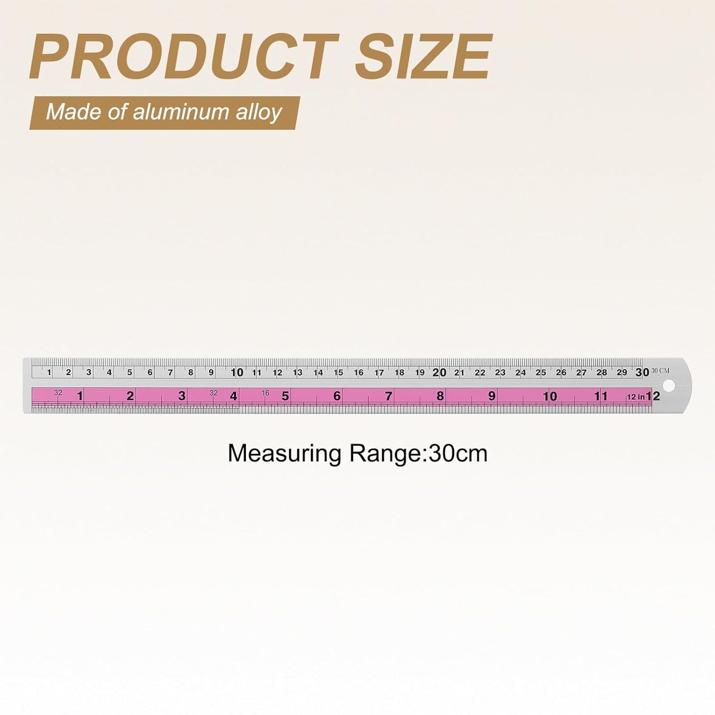 HARFINGTON 6pcs Metal Straight Ruler 30cm Metric SAE Aluminum Alloy Measuring Rulers Scale Tools with Hole for Measure Study Reading Classroom Office, Pink