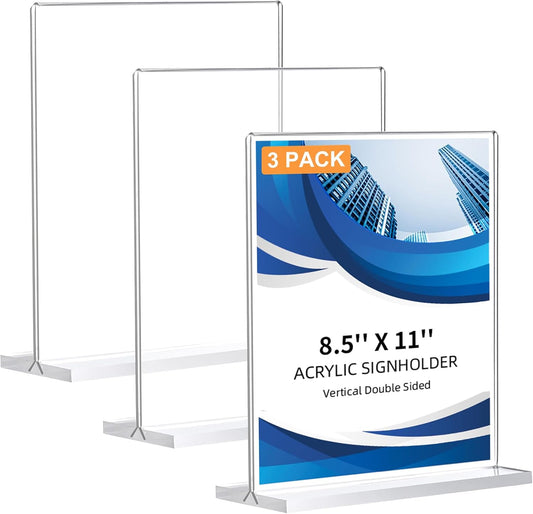 3 Pack Acrylic Sign Holder 8.5 x 11, Double-Sided Clear Sign Holder Plastic Stands for Display, T Shape Acrylic Table Sign Stands for Office Store Restaurants Wedding Party Decoration