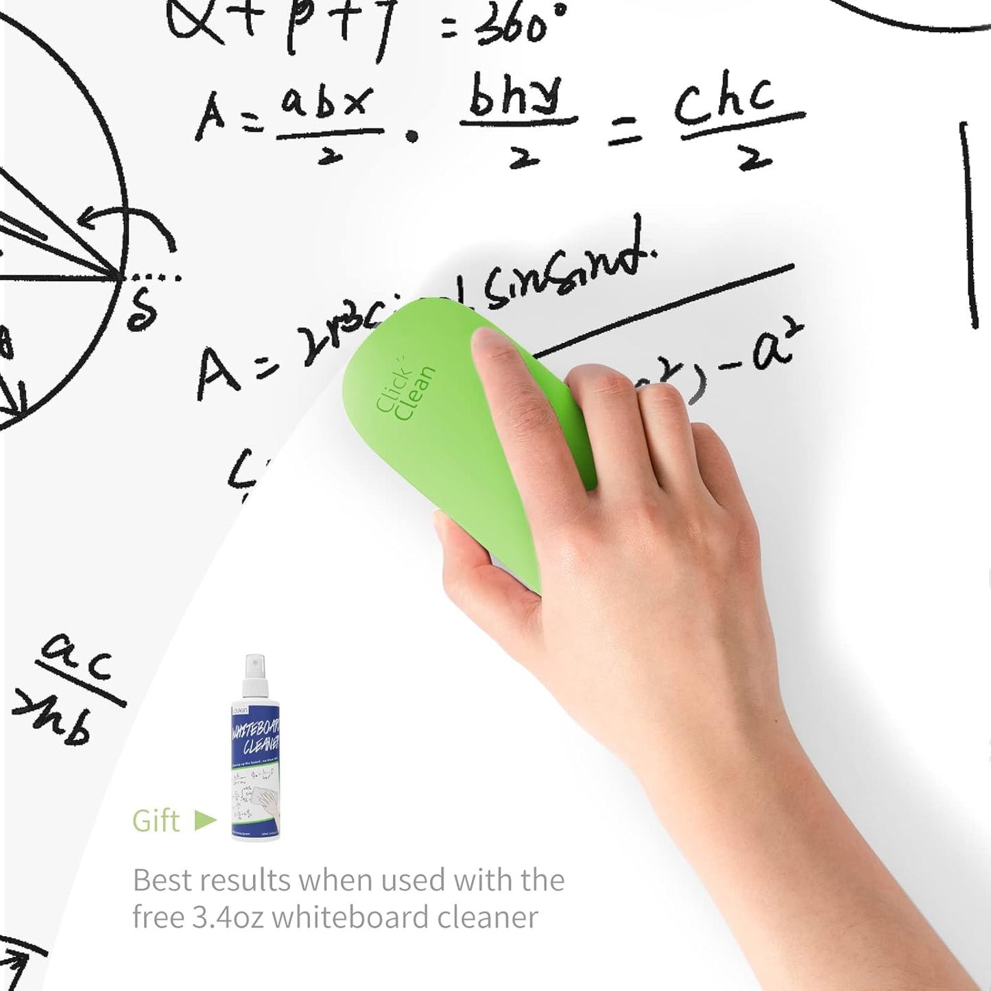 CLICK CLEAN Replaceable Dry Erase Board Eraser, 4-in-1 Magnetic Whiteboard Eraser with 3 Replaceable Felt Pads, Free 3.4oz Whiteboard Cleaner Included, Intended for Classroom, Home and Office