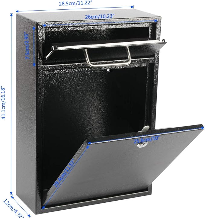 KYODOLED Steel Key Lock Mail Boxes Outdoor, Locking Wall Mount Mailbox, Security Lock Drop Box, Collection Boxes,16.2H x 11.22L x 4.72W Inches, Black X Large