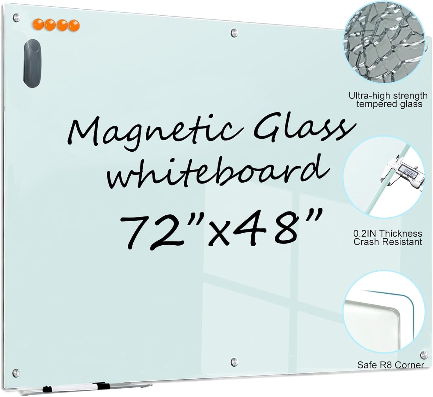 Magnetic Glass Whiteboard - 72"X48" Dry Erase White Board Frameless Glass Boards with Super Strong Magnets, Wall Mounted for Office, School and Home