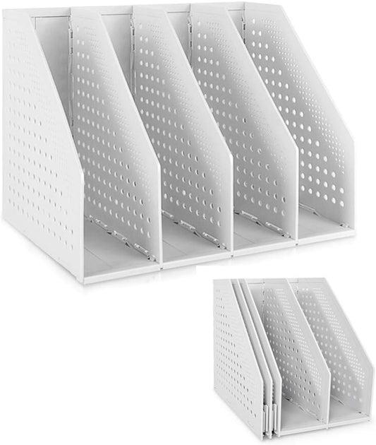 SAYEEC Collapsible Magazine Holder Plastic Desktop 4 Compartment File Desk Magazine Organizer Vertical File Divider Sorter Storage Document Organizer for Office Home School Gray