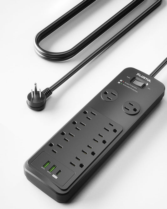 Surge Protector Power Strip 15FT, PLUGTUL Surge Protector with 10 Outlets - Spacious Design for Large Plugs, Flat Plug, 20W USB C Charging for Home, Office, ETL Listed, 2040J