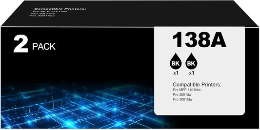 138A Black Toner Cartridge Pro MFP 3101fdw Black Toner Compatible for HP 138A Black Toner Cartridge for HP138A W1380A for pro 3001dw 3101sdw Toner 2Pack (with Chip)
