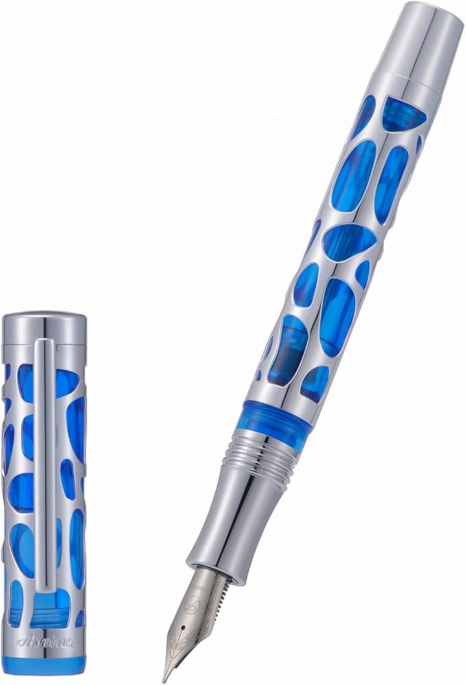 Asvine V169 Vacuum Filling Fountain Pen Fine Nib, Water Drop Skeleton Transparent Blue Acrylic Pen Case Set