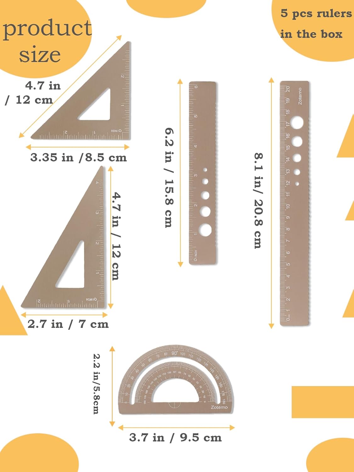 Metal Geometry Set, 5-Piece Aluminum Ruler, Math Drafting Ruler Kit Includes Protractor, Triangle Rulers, Straight Rulers-Math Measurement Tools for School and Office Supplies (Gold)